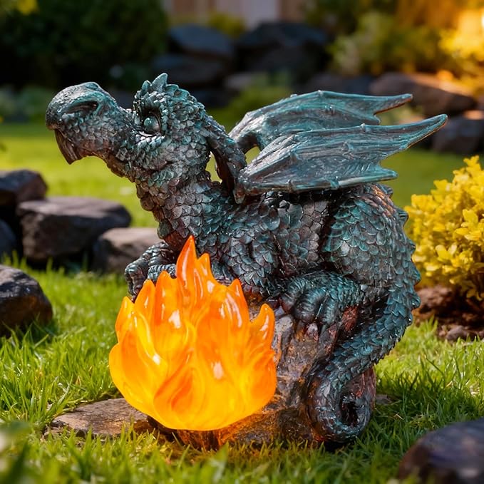 Solar Dragon Garden Decor, Porch Dragon Statue with Fiery Light - 6.8 inch Lawn Ornaments, Outdoor Decorative Art Gift for Patio, Yard, Backyard, Porch