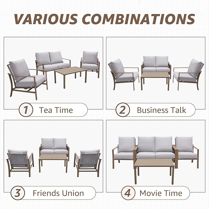 NATURAL EXPRESSIONS 4 Pieces Patio Furniture Sets, Modern Metal Outdoor Conversation Sets with High Back All Weather Hand-Woven Rope Rocking Chairs, Loveseat, Metal Table, 6" Thick Olefin Cushions