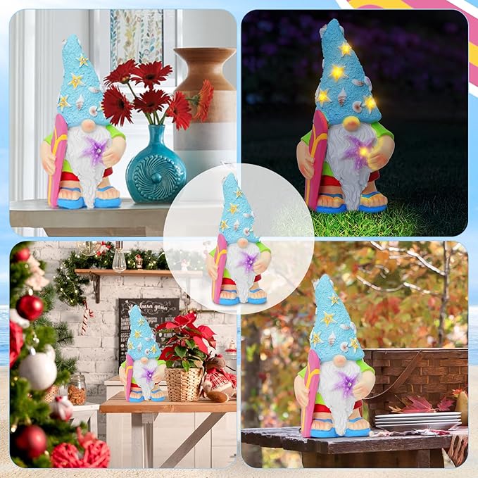 Womens Gifts Solar Garden Outdoor Statues Gnome with Surfboard and 5 LED Lights - Unique Housewarming Gifts Lawn Decor Statue for Patio, Balcony, Yard Ornament- Chrismtas Gifts for Mom Grandma