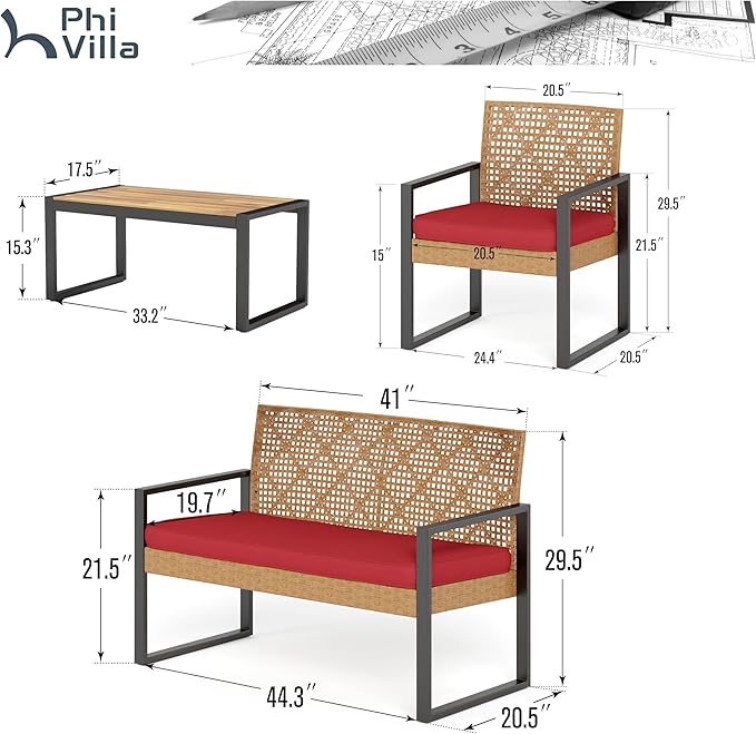 PHI VILLA Patio Wicker Furniture Set for 4, Yellow Rattan Loveseat & Chairs with Red Cushions & Acacia Wood Coffee Table, Outdoor Modern Conversation Sofa Set for Deck, Yard, Porch