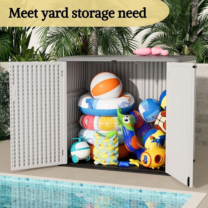 ZZM Large Outdoor Storage Shed, 48 Cu Ft Resin Versatile Storage Cabinet for Patio Accessories, Trash Cans & Garden Tools, Durable Horizontal Storage Box with Lockable Lid (White) - Image 7
