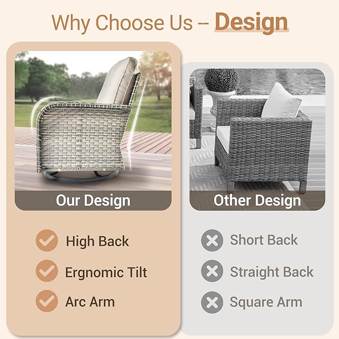 HOOOWOOO Outdoor Patio Furniture Set with Swivel Chairs,9 Pieces Wicker Conversation Set,All Weather High Back Couch Sofa Rocker Chairs Ottomans Set,Beige