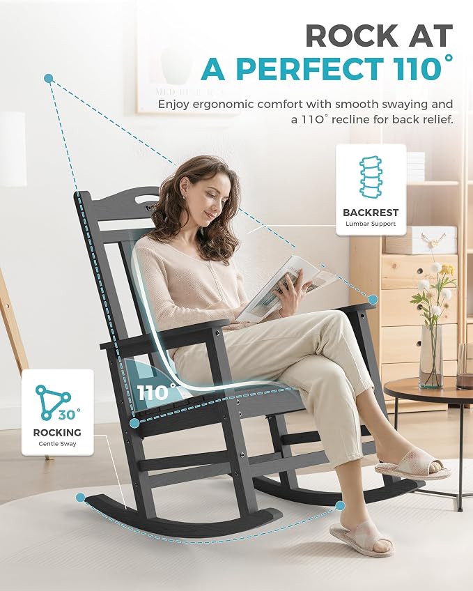 Ciokea Oversized Outdoor Rocking Chairs Set of 8, 380lbs Heavy-Duty Large Patio Rocker, High Back Cozy Porch Chairs, Weather Resistant Patio Rocking Chairs for Outside, Fire Pit, Deck, Dark Grey - Image 5