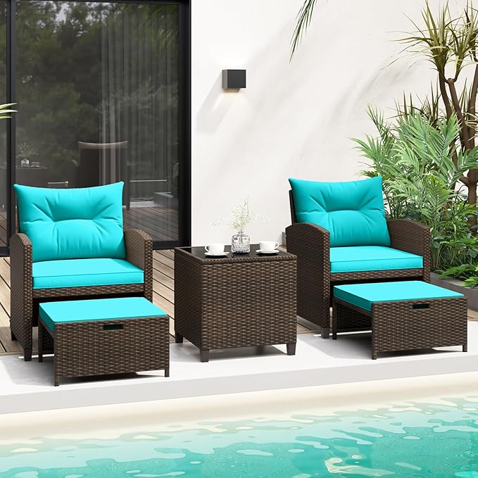 KOTEK 5 Pieces Patio Furniture Set with Ottomans, Wicker Patio Conversation Set with Coffee Table & Cushions, PE Rattan Outdoor Lounge Chairs for Backyard, Porch, Poolside (Mix Brown- Turquoise)