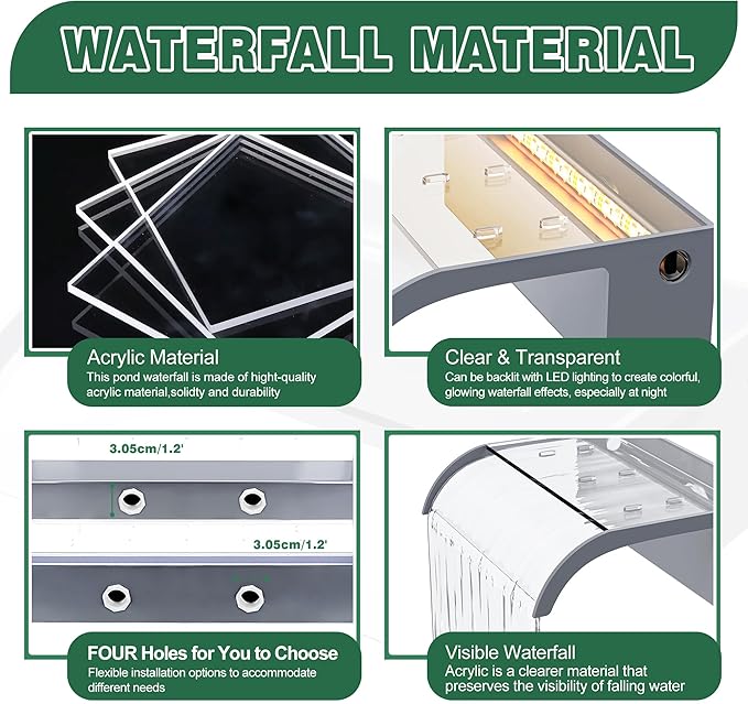 Waterfall Spillway, Clear Acrylic Pool Fountain w/Top Open Lip & Pipe Connector Kits for Outdoor/Indoor Decorative, 35.4'' Pool Water Feature for Garden Patio, Backyard Koi Pond Decor