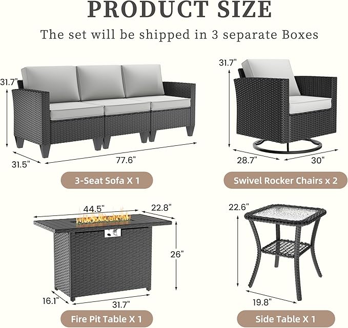 UDPATIO Patio Furniture Set with Fire Pit Table, Rocking Swivel Chairs, 5 Pieces Outdoor Furniture Sets, All-Weather Wicker Outdoor Sectional Sofa with Cover, 4'' Thickened Cushion, Light Grey