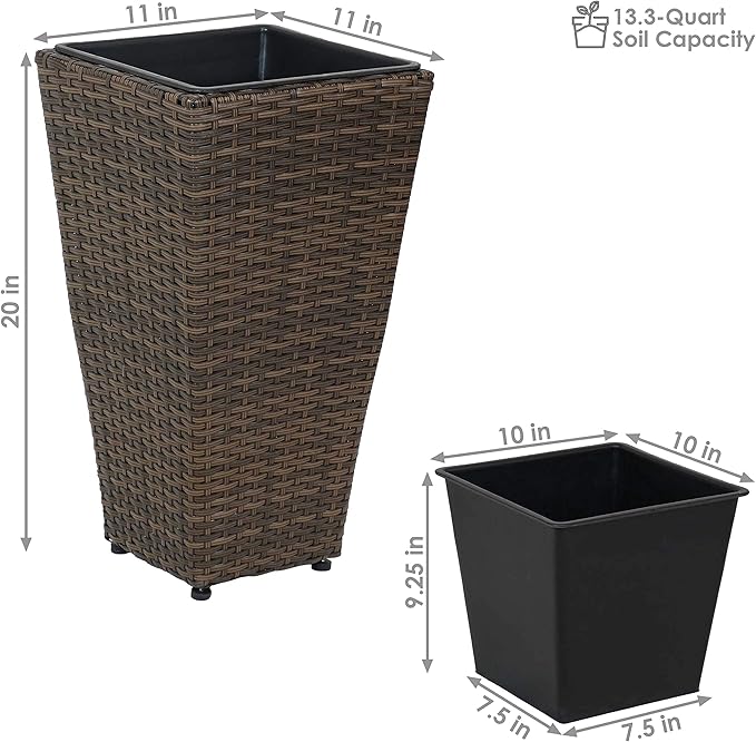 Sunnydaze Set of 2 Square Tall Wicker Planters - Polyrattan Rectangular Large Plastic planters for Outdoor Plants - 20-Inches Tall - Brown