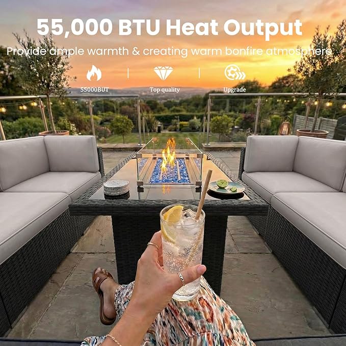 10 Pieces Patio Furniture Set with 44" Propane Gas Fire Pit Table, Outdoor Sectional Wicker Conversation Sofa Sets with Coffee Table