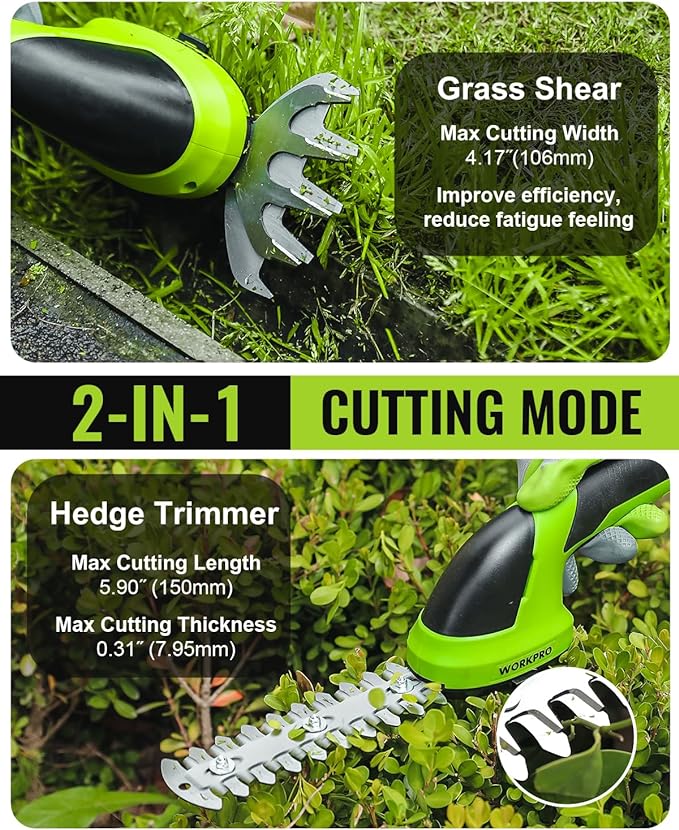 WORKPRO Cordless Grass Shear & Shrubbery Trimmer - 2 in 1 Handheld 7.2V Electric Grass Trimmer Hedge Shears/Grass Cutter Rechargeable Lithium-Ion Battery and Type-C Cable Included - Image 3