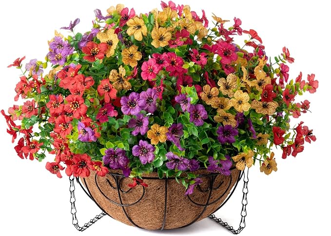 HyeFlora Artificial Faux Hanging Plants Flowers Basket for Summer Outdoor Outside Decoration, Fake Silk UV Sun Resistant Look Real Colorful Daisy Eucalyptus for Porch Home Patio Balcony Yard - Image 7