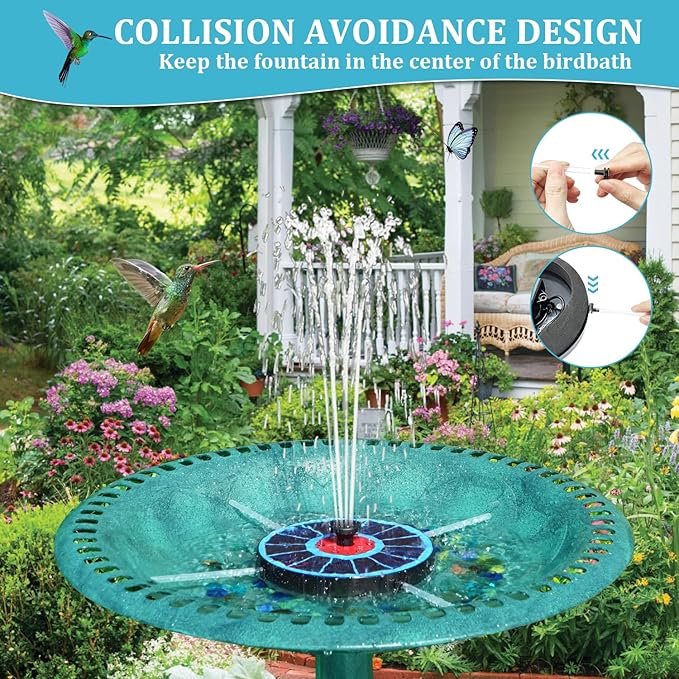 Solar Fountain Upgrade, 3.5W Solar Birdbath Fountains with White Lights, Glass Panel, 2200mAh Battery, Hummingbird Water Fountains with 8 Spray Modes & 4 Fixed Pipes for Garden, Pool, Pond