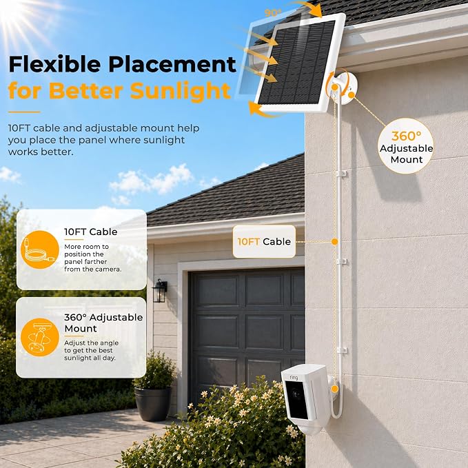 8W Solar Panel for Ring Camera, Solar Panel Charger Compatible with Ring Stick Up Cam/Pro Battery, Spotlight Cam/Pro/Plus Battery, Includes Barrel Plug to USB-C Adapter, IP65 Waterproof, 10ft Cable - Image 9