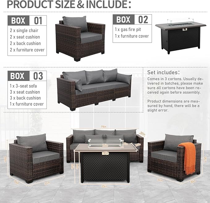 4 Pieces Outdoor Patio Furniture Set 43 In Outdoor Fire Pits Wicker Outdoor Furniture Chairs and Sofa 60000 BTU Outdoor Propane Fire Pit Table Non-Slip Cushions and Waterproof Covers, Dark Grey