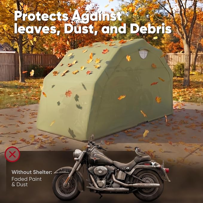 Quictent 136"x 54" Motorcycle Garage Storage Pod Shelter Hard Shell with Code Lock & Carry Bag Heavy Duty Motorcycle Tent with 2 Roll-Up Side Windows - Army Green - Image 5