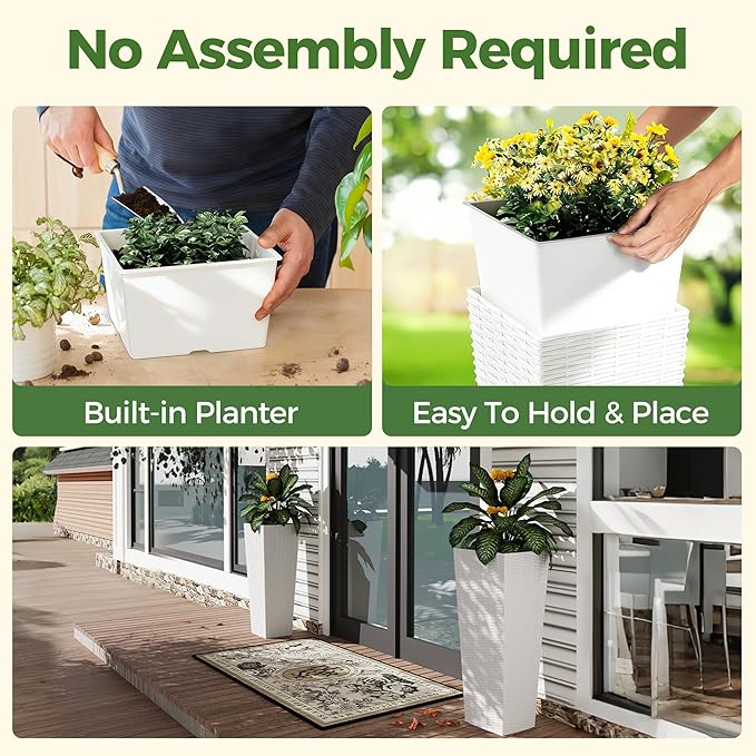 2 Pack Large Planters for Indoor Plants, Outdoor 32 inch Tall Tree Planter with Drainage Holes, Plant Pots for Trees Flowers, All-Weather Use with Removable Insert Bucket for Porch, Patio, White