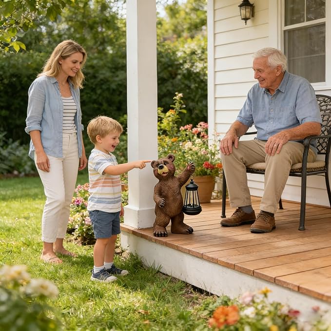 Solar Lantern Garden Statues Decor, 14" Large Outdoor Bear Figurine Lights for Yard Patio Decoration - Unique Christmas Housewarming Gifts for Grandma Wowen Mom Brown