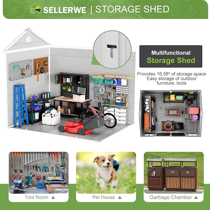 8x6x7 FT Resin Storage Shed, Waterproof Outdoor Sheds w/Floor Included, 2 Windows, Double Lockable Doors & Vents,Outside Plastic Tool Sheds for Garden, Lawn, Backyard, Poolside - Image 2
