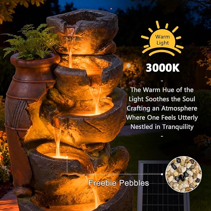 5-Tiers Solar Powered Cascading Rock Jar Water Fountain Outdoor, 31.7" H Outside Fountains and Waterfalls with 4 LED Lights for Patio, Deck, Porch, Backyard and Home Art Docor
