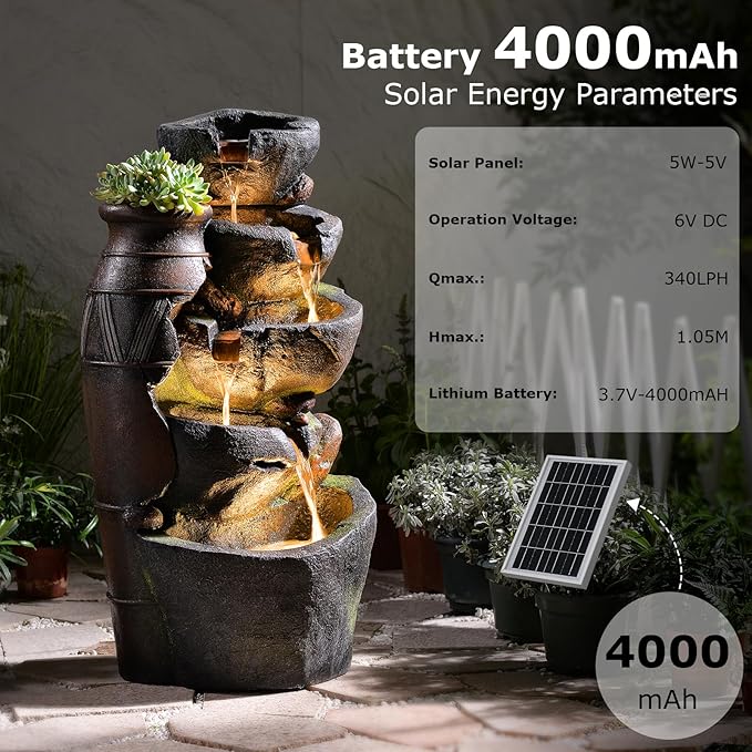5 Tier Rock Solar Water Fountain Outdoor with Vintage Jar, Cascading Waterfall Fountain with LED Lights, Outdoor Fountains for Garden or Patio, Yard, Deck Decor, 16.5" L x 12.6" W x 31.7" H