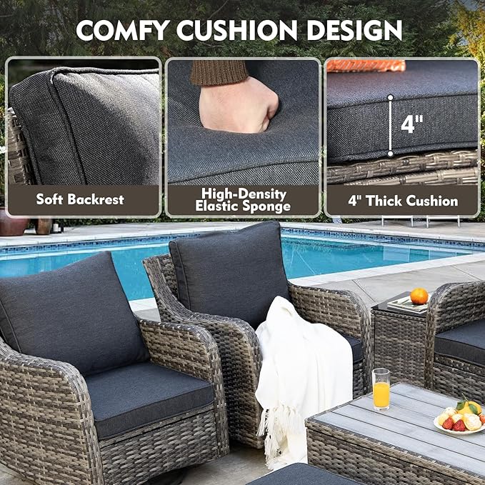 MEISSALIVVE Outdoor Patio Furniture Set with Swivel Chair, 7 Pieces Patio Conversation Set, Patio Sectional Furniture Set with 2 Swivel Rocker Chair & Sofa, 2 Ottomans and Coffee Table (Grey)
