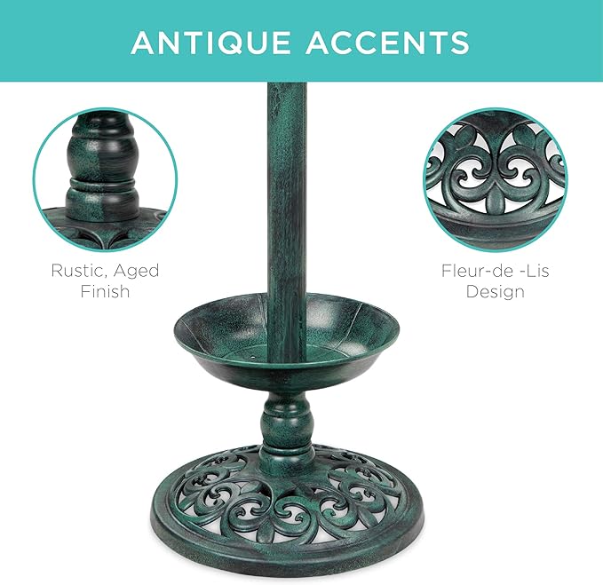 Best Choice Products Outdoor Solar Lighted Pedestal Bird Bath Fountain Decoration w/Planter, Integrated Panel, Scroll Accents for Lawn, Garden - Green