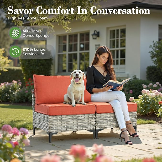 7 Piece Outdoor Patio Furniture with Glowing Coffee Table, Rattan Wicker Conversation Set with Sofa, Sectional Single Chairs for Outside Porch Balcony Backyard Pool,Orange