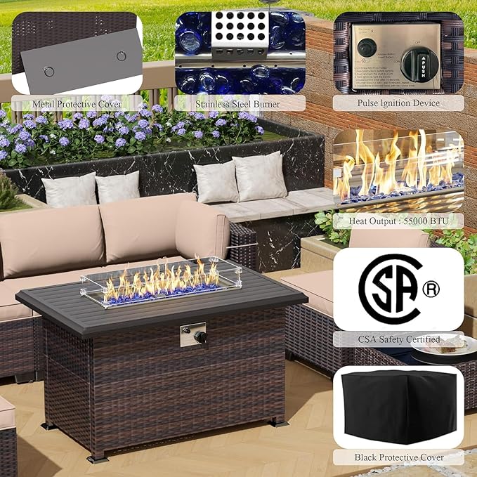 13 Pieces Outdoor Patio Furniture Set,Outdoor Sectional Furniture with 43" 55000 BTU Gas Propane Fire Pit Table,PE Rattan Wicker Patio Conversation Set with 10 Thickened Cushions,Sand