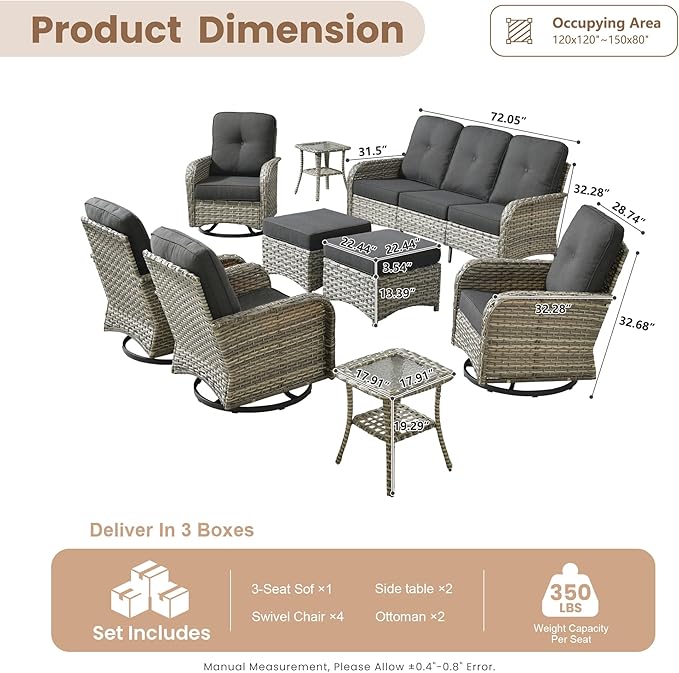 HOOOWOOO Outdoor Patio Furniture Set with Swivel Chairs,9 Pieces Wicker Conversation Set,All Weather High Back Couch Sofa Rocker Chairs Ottomans Set,Black