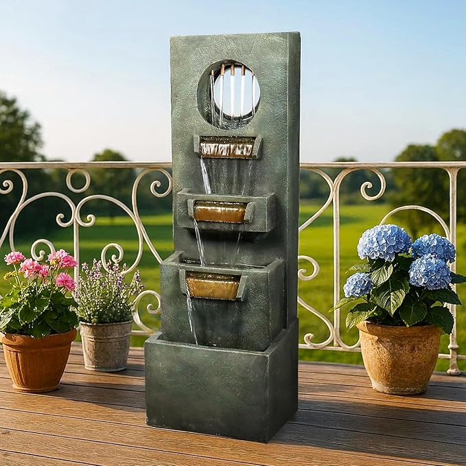 Naturefalls 39.3” H Modern Outdoor Fountain - 4-Tiered Outdoor Garden Fountains with Contemporary Design&LED Light for Garden, Patio, Deck, Porch, Backyard and Home Art Decor