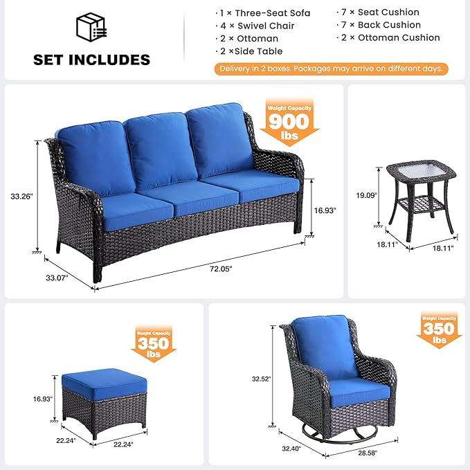 ovios 9-Piece Patio Furniture Set with Swivel Chairs Coffee Table, Outdoor Wicker Sofa with Comfy Cushions, High Back Couch Modern Conversation Sets, Brown/Navy Blue