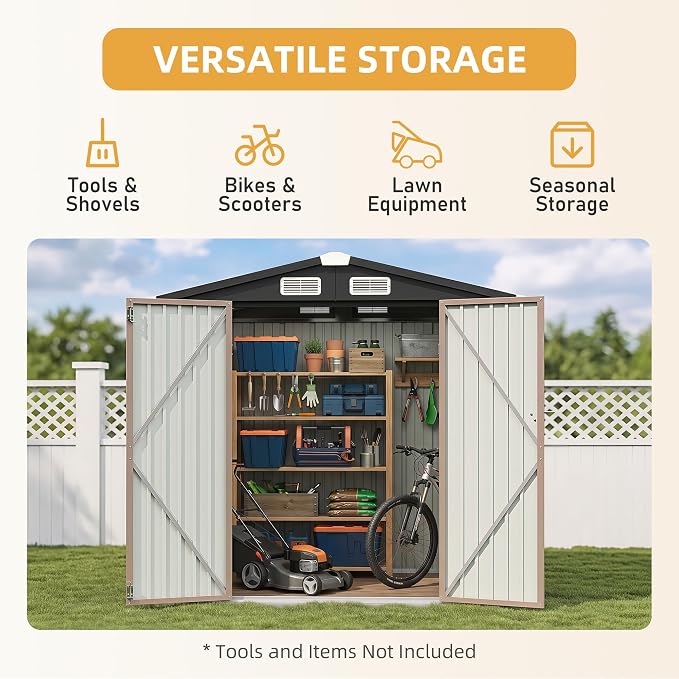 Aoxun 6' x 4' Outdoor Shed with 2 Pack Motion Sensor Light Garden Metal Storage Shed with 4 Vents, Lockable Doors for Patio, Lawn & Garden, Brown - Image 6
