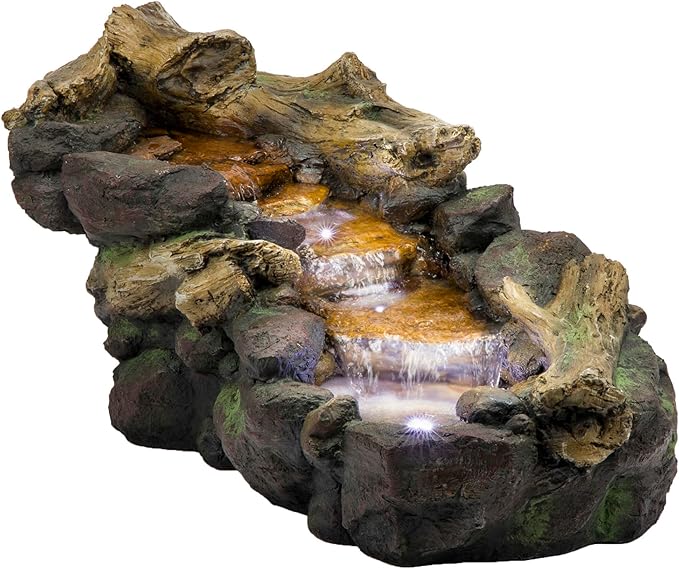 Alpine Corporation TZL296 41" Long Indoor/Outdoor River Rock and Log Fountain with LED Lights – Outdoor Water Feature for Garden, Patio, and Home Décor, Brown
