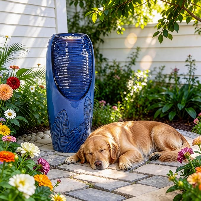 33" Tall Outdoor Garden Fountain with LED Lights, Modern Ceramic Jar Water Fountain, 3D Tropical Leaf Pattern, Cobalt Blue Glaze, Soothing Cascading Waterfall for Relaxing Patio, Yard, Porch