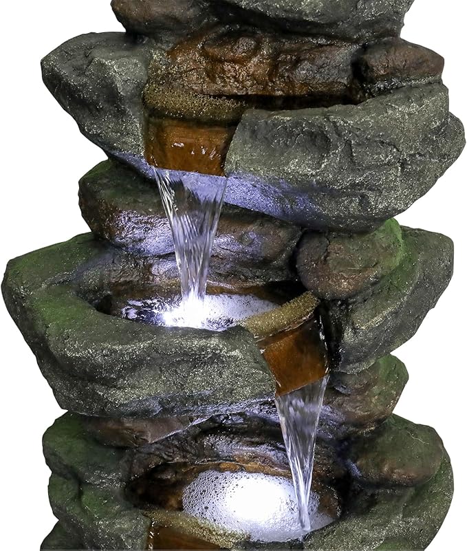 SunJet 40in Outdoor Water Fountain with LED Lights - 4-Tier Polyresin Rock Water Fountain for Home Garden, Yard, Patio, Deck Decor - Soothing Tranquility Floor-Standing Fountains