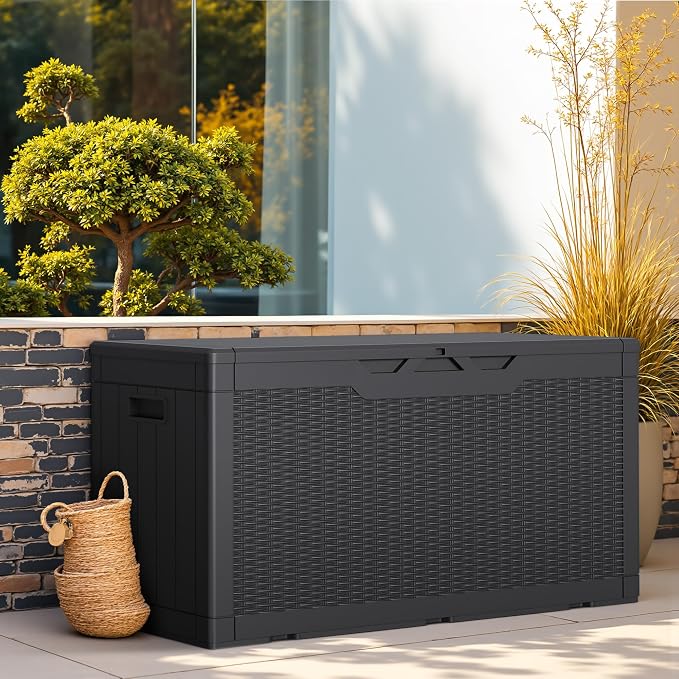 Greesum Outdoor Storage Box 100 Gallon Storage Bin with Lid for Patio Furniture, Garden Tools, Pool Supplies, Lockable, Waterproof and UV Resistant, Black - Image 2