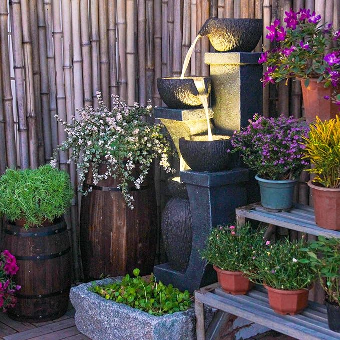 Supmix Outdoor Garden Water Fountain for Garden Patio Backyard Deck Porch and Home Art Decor 4 Tiers Modern Cascading Outdoor Fountains with Lights 37.4”H