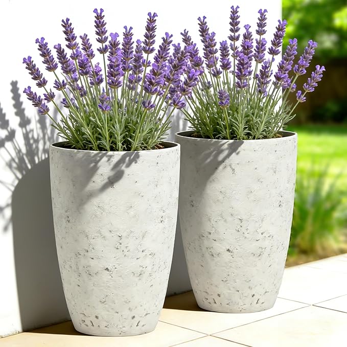 19.5" Resin Tall Planters for Outdoor Plants, Set of 2 Country White Large Flower Pots with Handmade Birch Bark Texture, Heavy-Duty and Weather-Resistant for Year Round Indoor Outdoor use