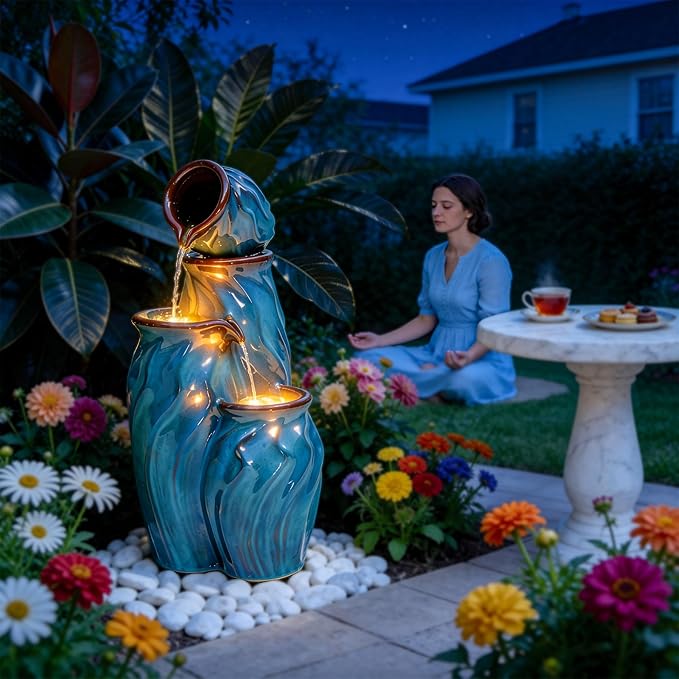 29" Outdoor Water Fountain, Ceramic Outdoor Fountain, Stacked 4-Tier Pots Waterfalls for Garden, Patio, Yard, or Porch Decor, Creating Relaxing Serene Oasis, Dynamic Wave-Texture, Turquoise
