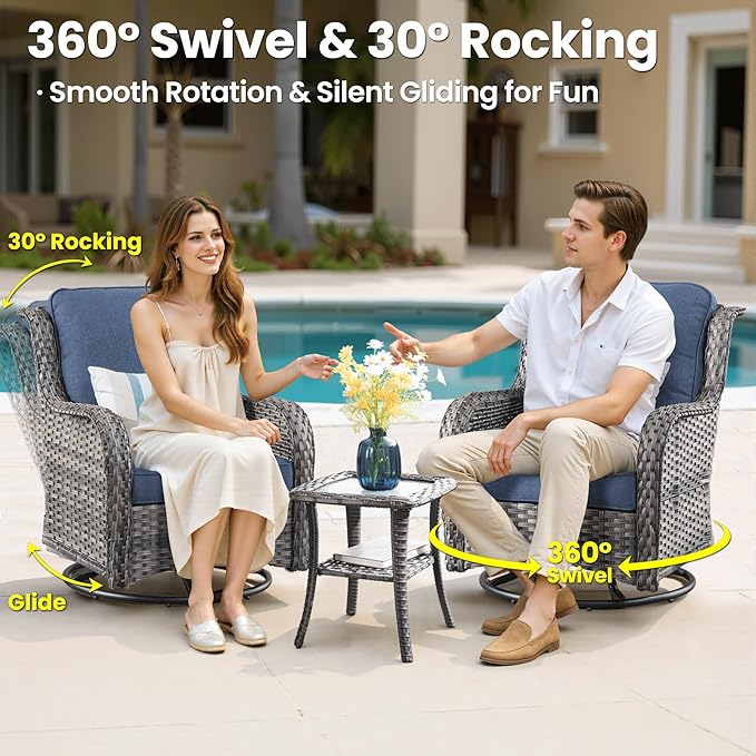 ovios 5-Piece Patio Furniture Set with Swivel Chairs Coffee Table, Outdoor Wicker Sofa with 42" Fire Pit Table, High Back Couch Modern Conversation Sets, Grey/Denim Blue