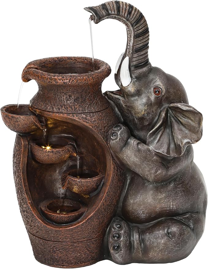 20" Elephant Jars Outdoor Fountain, 5-Tier Rustic Playful Resin Statue Water Feature with Lights, Soothing Cascading Waterfall for Charming Tranquil Garden, Patio, Yard, Porch, or Home Décor