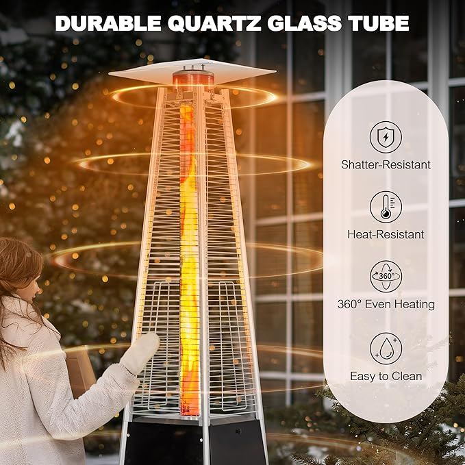 Nuu Garden Outdoor Pyramid Patio Heater, 48,000 BTU Propane Patio Heater with Glass Tube, Wheels, Outdoor Heater for Patio, Garden, Backyard, Porch, Black