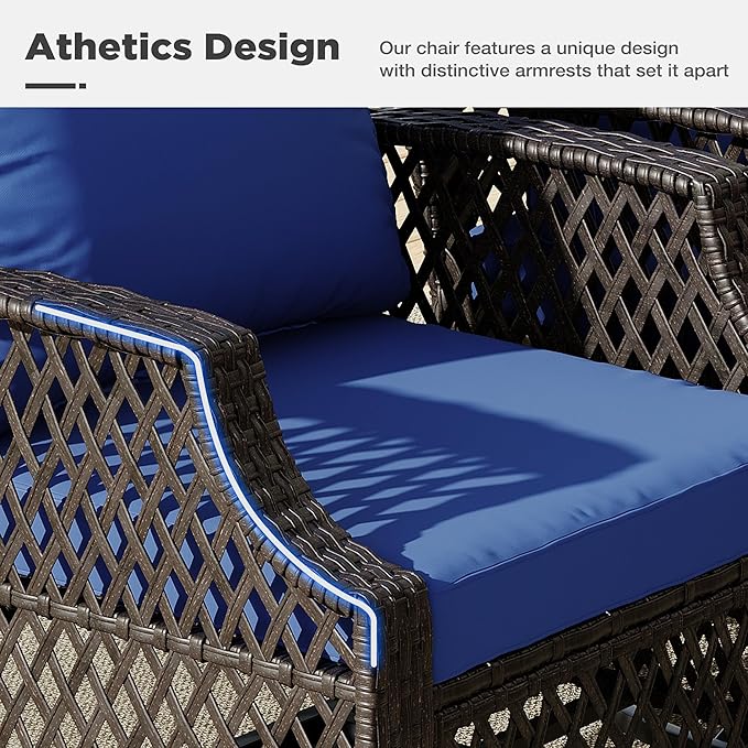 HOMREST 7 Piece Patio Furniture Set, Wicker Outdoor Conversation Sofa Set with Swivel Chairs, 2 Ottomans, Glass Side Table, Rattan Outdoor Sectional for Deck Backyard Porch （9 Seats, Navy Blue