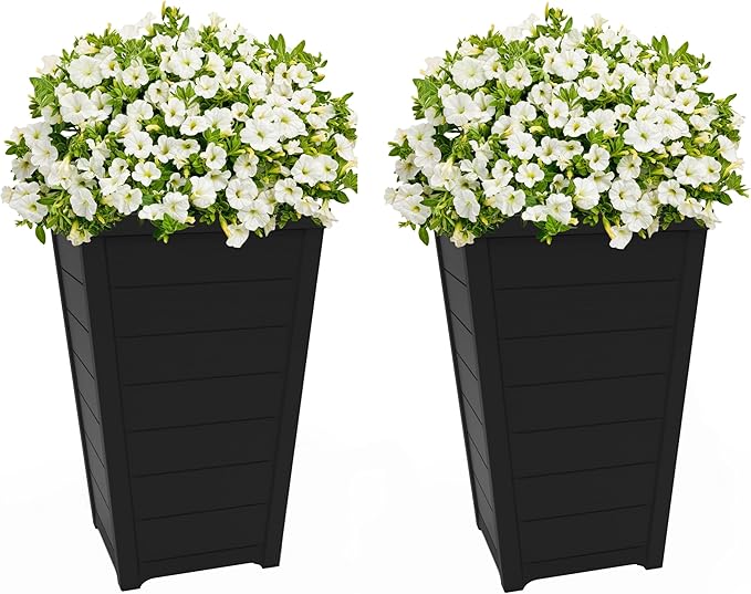 Keter Set of 2 Modern 22‑Inch Tall Outdoor Flower Pots – Large Resin Tapered Planters for Outdoor Plants, Front Porch & Patio Decor, Wood‑Look Design, Graphite