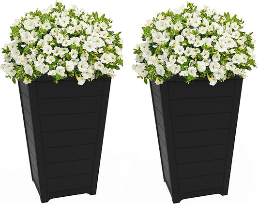 Keter Set of 2 Modern 22‑Inch Tall Outdoor Flower Pots – Large Resin Tapered Planters for Outdoor Plants, Front Porch & Patio Decor, Wood‑Look Design, Graphite