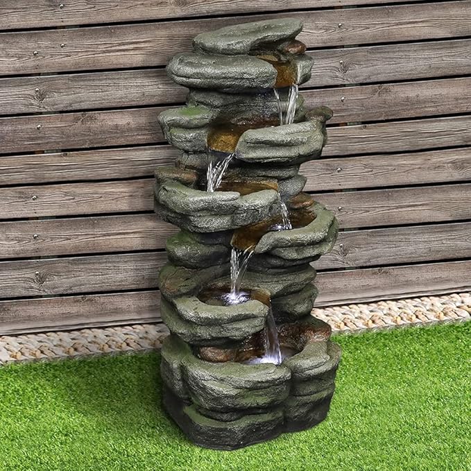 Naturefalls 30.7inches Outdoor Water Fountain - 6-Tiers Rock Waterfall Fountain with Led Lights for Home Garden Decor