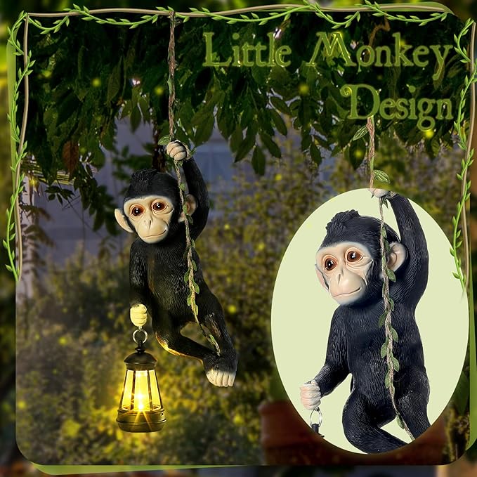 Solar Light Outdoor Monkey Statues Black 13.78 Inch Resin Chimpanzee Baby Monkey Climbing on Vine with LED Lantern Waterproof Hanging Figurine with Hook for Yard Garden Wall