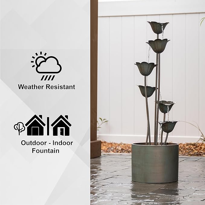 XBrand 35-Inch Freestanding Sculptural Metal Multi-Tier Flower Water Fountain, Silver