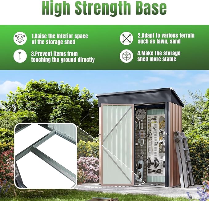 Aoxun 5' x3 ' Outdoor Metal Storage Shed with Galvanized Steel Base, Heavy-Duty Garden Tool Shed for Patio, Lawn, and Garden, Brown - Image 4