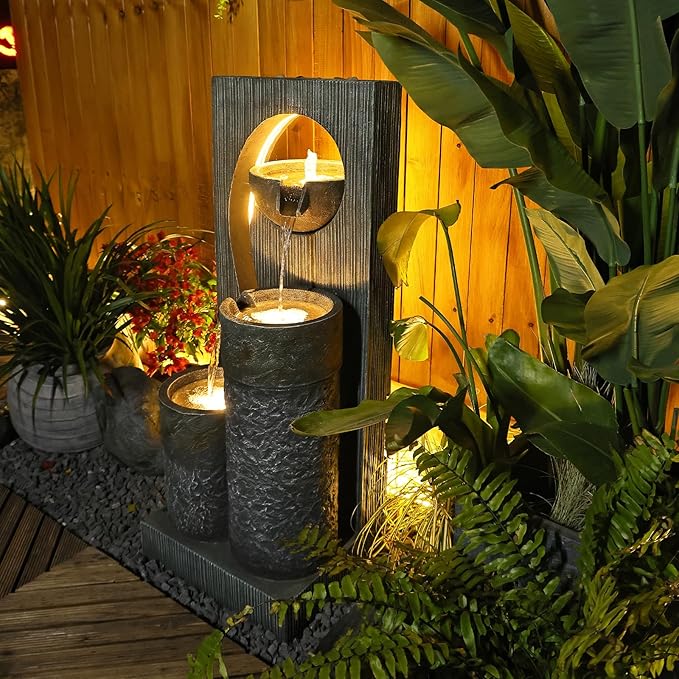 Outdoor Water Fountain Garden Waterfall - Large Zen Indoor Fountains Modern Freestanding Water Features with Lights and Pump for Patio Yard Deck Porch Pool Gray