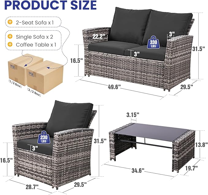 FHFO Oversized 4 Piece Outdoor Patio Furniture Set,Wicker Conversation Sets Outdoor Sectional Patio Sofa Couch with Cushions & Coffee Table for Outside, Garden, Balcony, Porch, Grey/Black